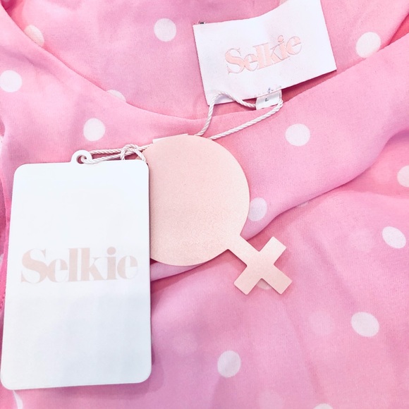 NWT SELKIE Pink polkadot NWT maxi dress large cottagecore puffy - Picture 3 of 8